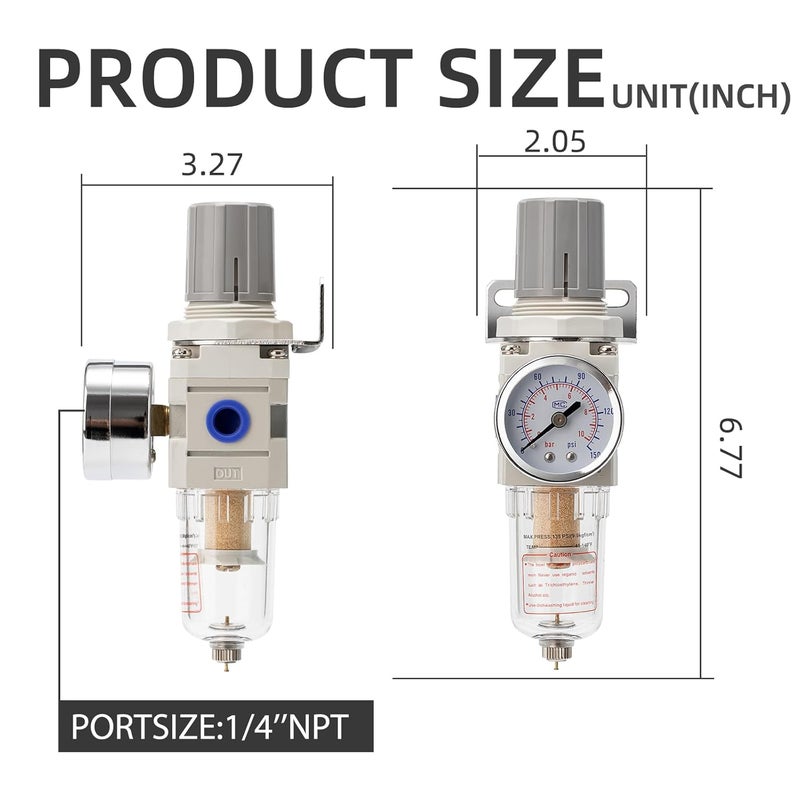 LNCHKA Pneumatic Air Compressor Filter Regulator Combo 1/4" NPT 150 PSI w/Adjustable Gauge-Water Separator,Metal Bracket,Manual Drain,5 Micron Brass Cartridge - Image 3